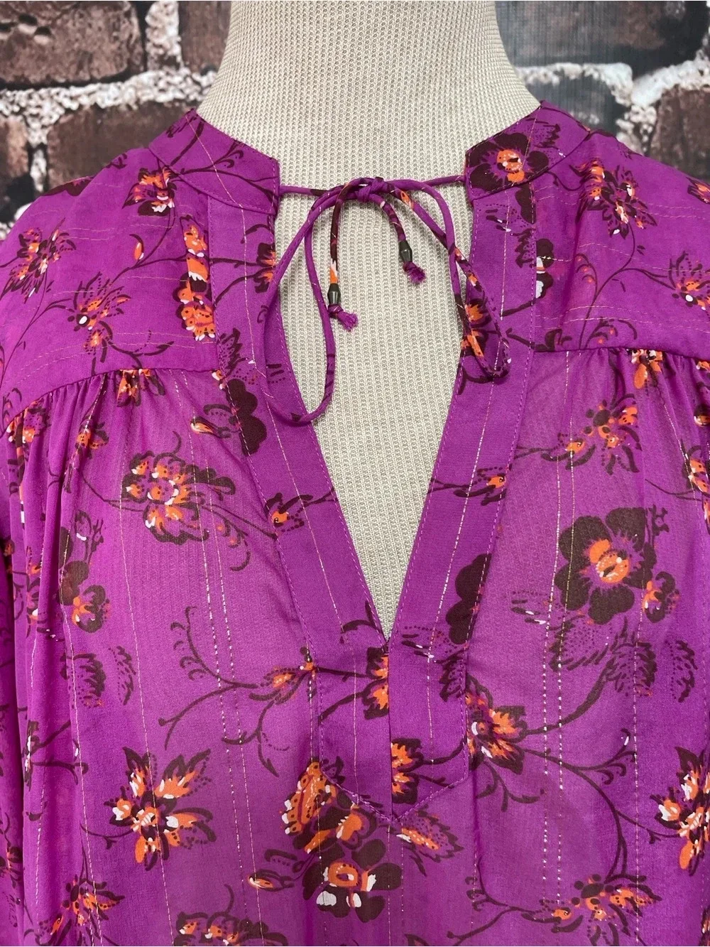 ULLA JOHNSON Top Women's Purple Fuschia Floral Tie-Neck Peasant Blouse 12